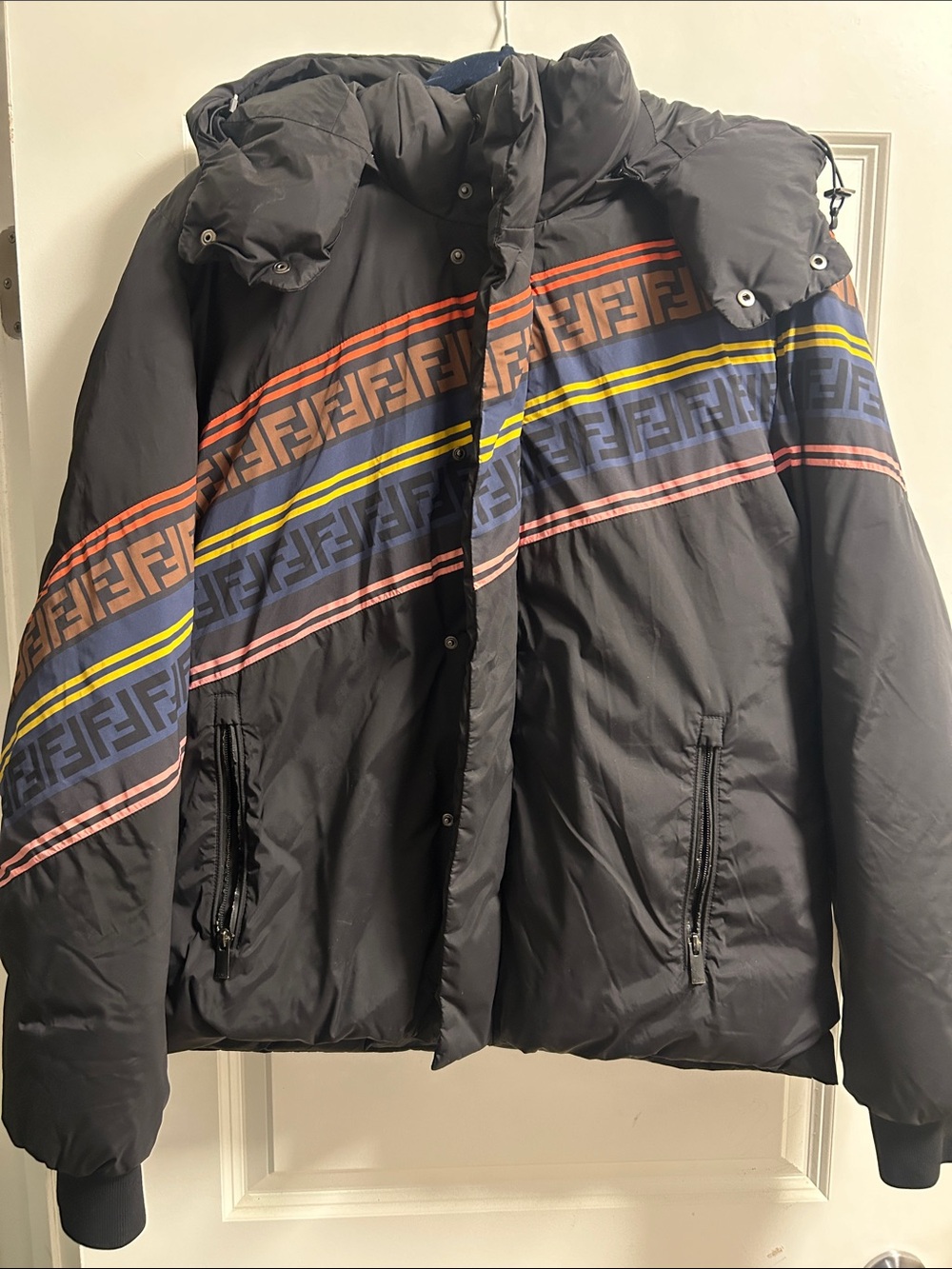 Fendi Black Puffer Jacket with Multicolor FF Stripes